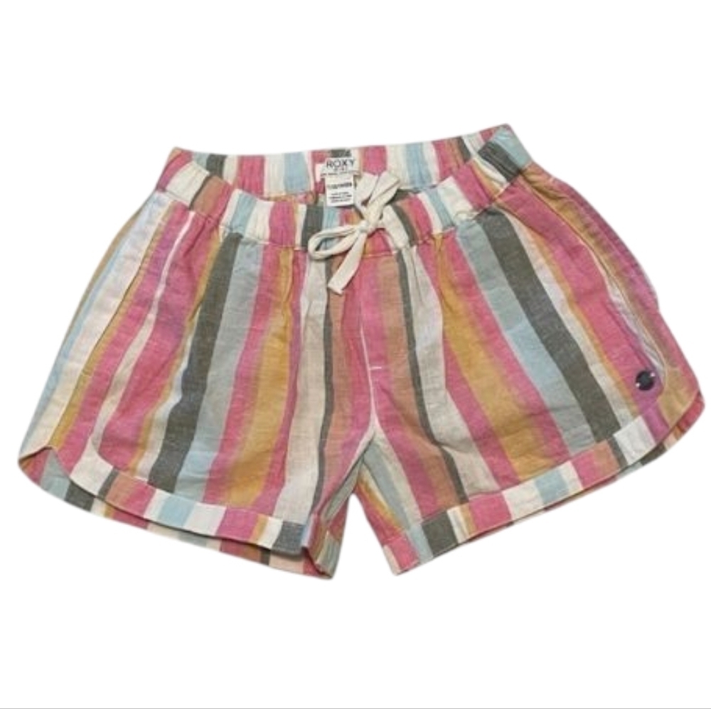 Roxy Striped Shorts Girls 7 XS Cotton Linen Elastic Waist Multicolor - Picture 2 of 11